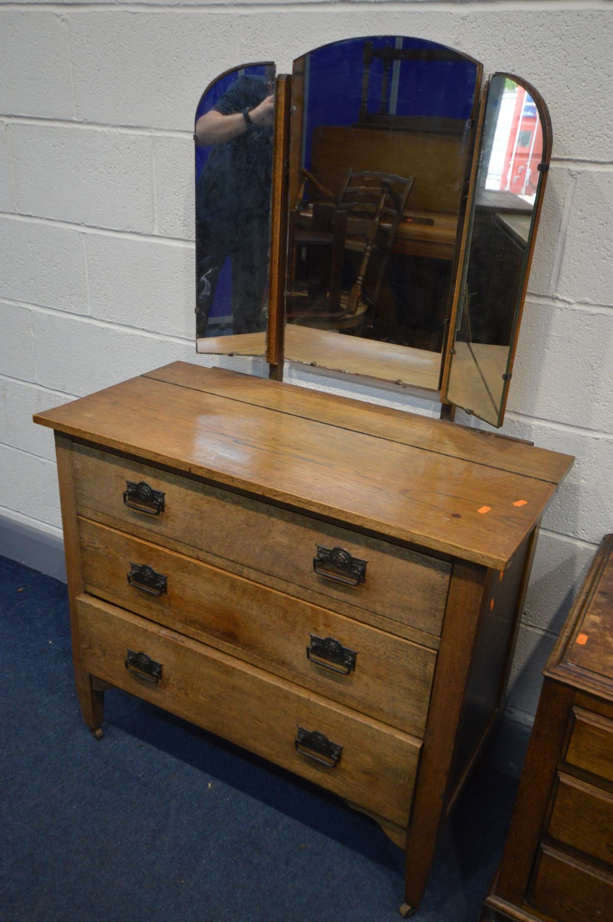 AN OAK DRESSING CHEST with a triple mirror and three long drawers, along with a low oak chest of - Image 2 of 3