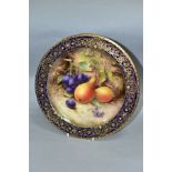 A ROYAL WORCESTER FRUIT STUDY CABINET PLATE, SIGNED R.SEBRIGHT, blue, gilt and enamelled border