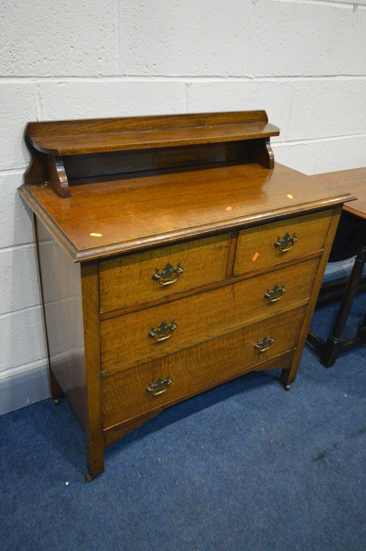 AN EARLY TO MID 20TH CENTURY SOLID OAK CHEST OF TWO SHORT OVER TWO LONG, with a raised shelf and - Image 2 of 3