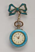A WHITE METAL GUILLOCHE ENAMEL FOB WATCH, designed with a blue guilloche enamel bow shaped brooch