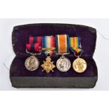 A WW1 ERA METAL FLIP TOP BOX containing a WW1 group of miniature medals to including Distinguished