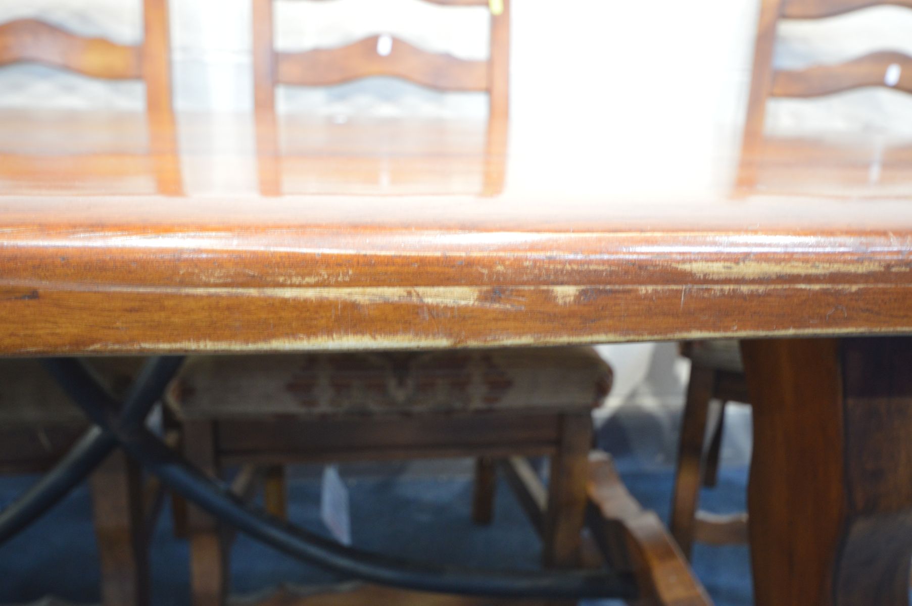 A THEODORE ALEXANDER STYLE FRUITWOOD REFRECTORY TABLE, on an ornate base united by metal stretchers, - Image 6 of 6