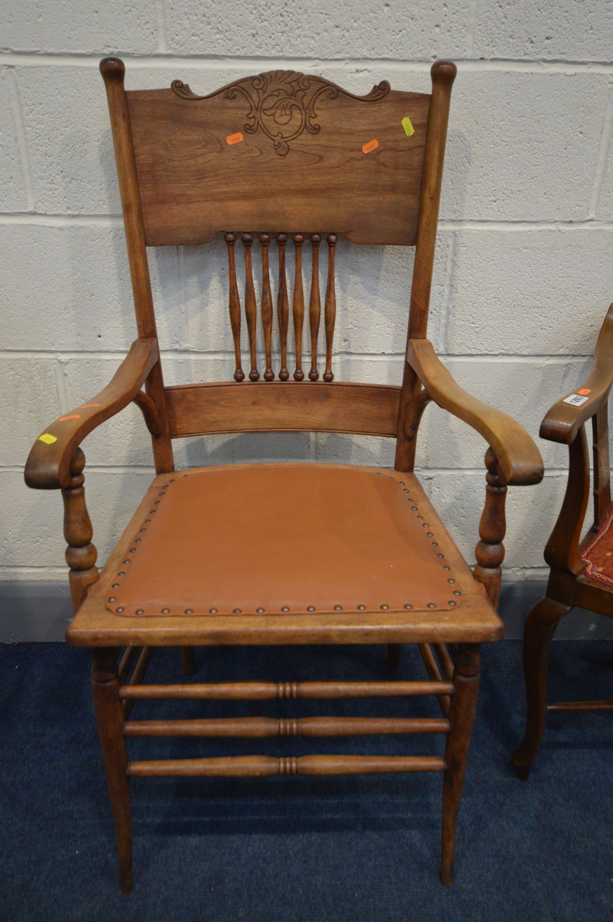 AN EDWARDIAN MAHOGANY AND INLAID CORNER CHAIR along with a beech spindle back chair (2) - Image 3 of 3