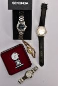 A SMALL QUANTITY OF WRISTWATCHES, to include a ladies boxed 'Sekonda' wristwatch, round black