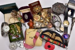 A BOX OF MISCELLANEOUS ITEMS, to include a 9ct gold front and back heart locket, a white metal