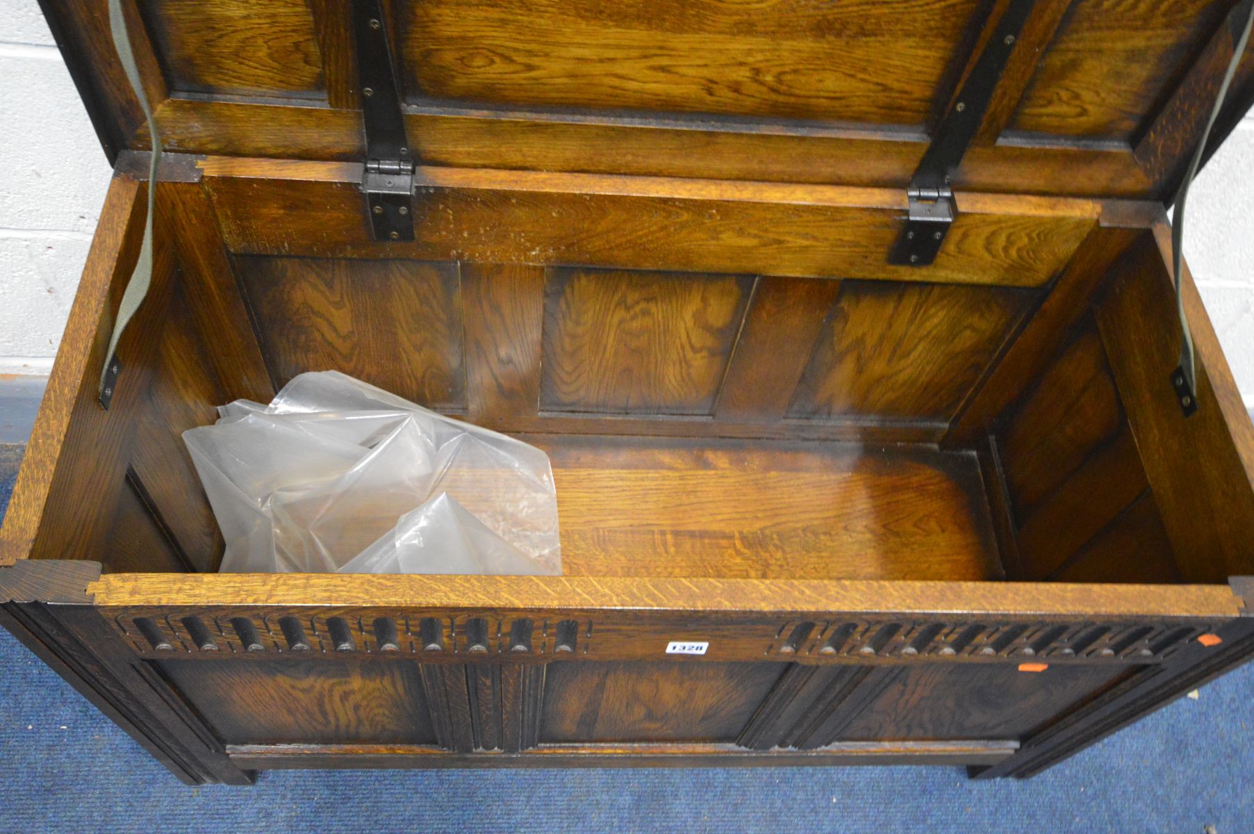 OAK BLANKET CHEST, the top with a fielded panel, lunette frieze above further panels, width 101cm - Image 2 of 4