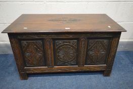 AN EARLY 20TH CENTURY CARVED OAK BLANKET CHEST, width 91cm x depth 46cm x height 51cm