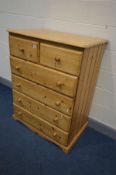 A PINE CHEST OF TWO SHORT OVER FOUR LONG GRADUATED DRAWERS, width 92cm x depth 59cm x height 117cm