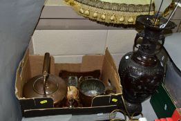 A BOX OF LOOSE METALWARES AND TREEN, ETC, to include a Japanese bronzed vase converted to a table