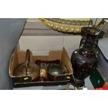 A BOX OF LOOSE METALWARES AND TREEN, ETC, to include a Japanese bronzed vase converted to a table