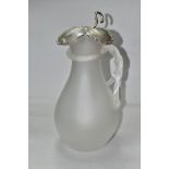A FROSTED GLASS WATER JUG OF BALUSTER FORM, with vine leaf shaped white metal hinged cover,