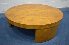 A BURR WOOD CIRCULAR COFFEE TABLE, on triple legs, diameter 119cm x height 35cm
