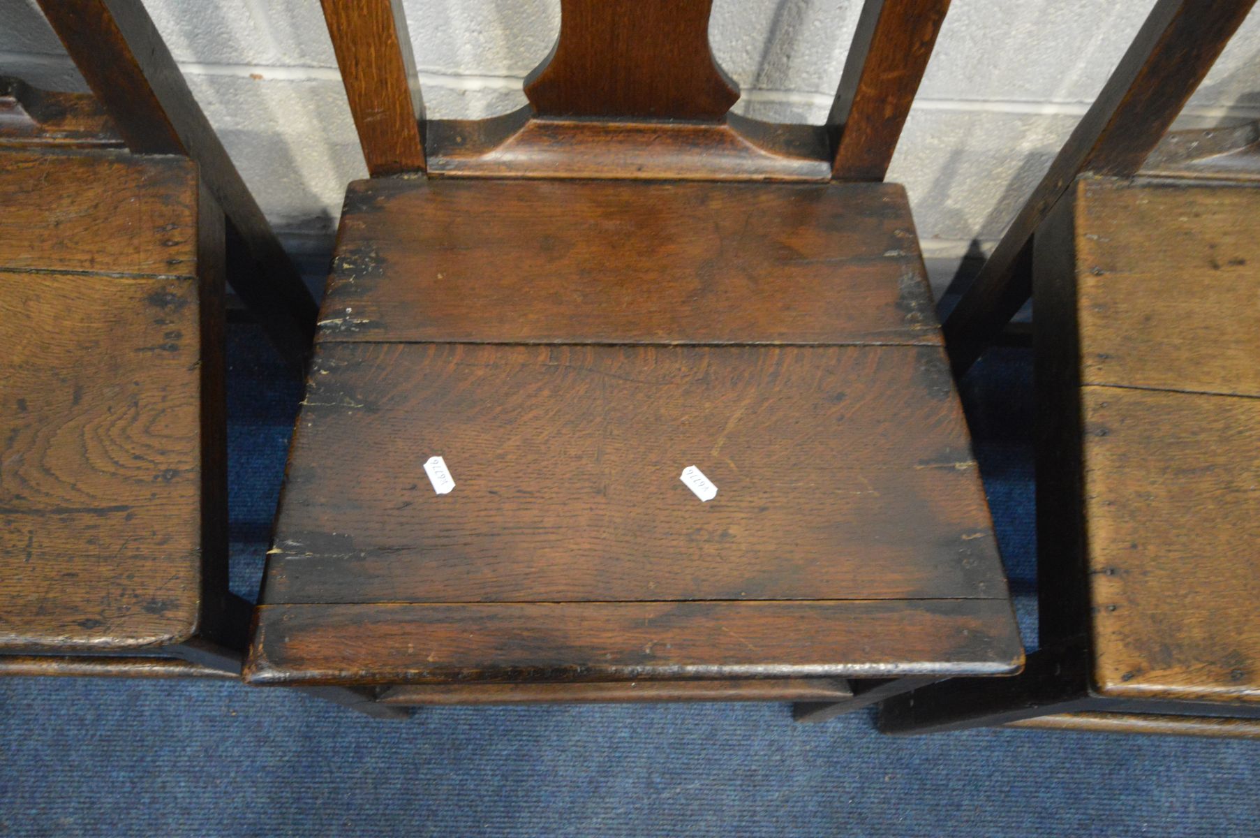 A HARLEQUIN SET OF FOUR 18TH CENTURY OAK WELSH SPLAT BACK CHAIRS (condition - historical crack to - Image 2 of 4