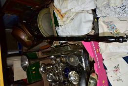 FOUR BOXES AND LOOSE METALWARES, LINENS, PICTURES AND VINTAGE HOUSEHOLD ITEMS, to include box of