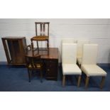 AN OAK GATE LEG TABLE, three chairs, walnut single door China cabinet and a set of four cream