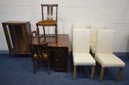 AN OAK GATE LEG TABLE, three chairs, walnut single door China cabinet and a set of four cream