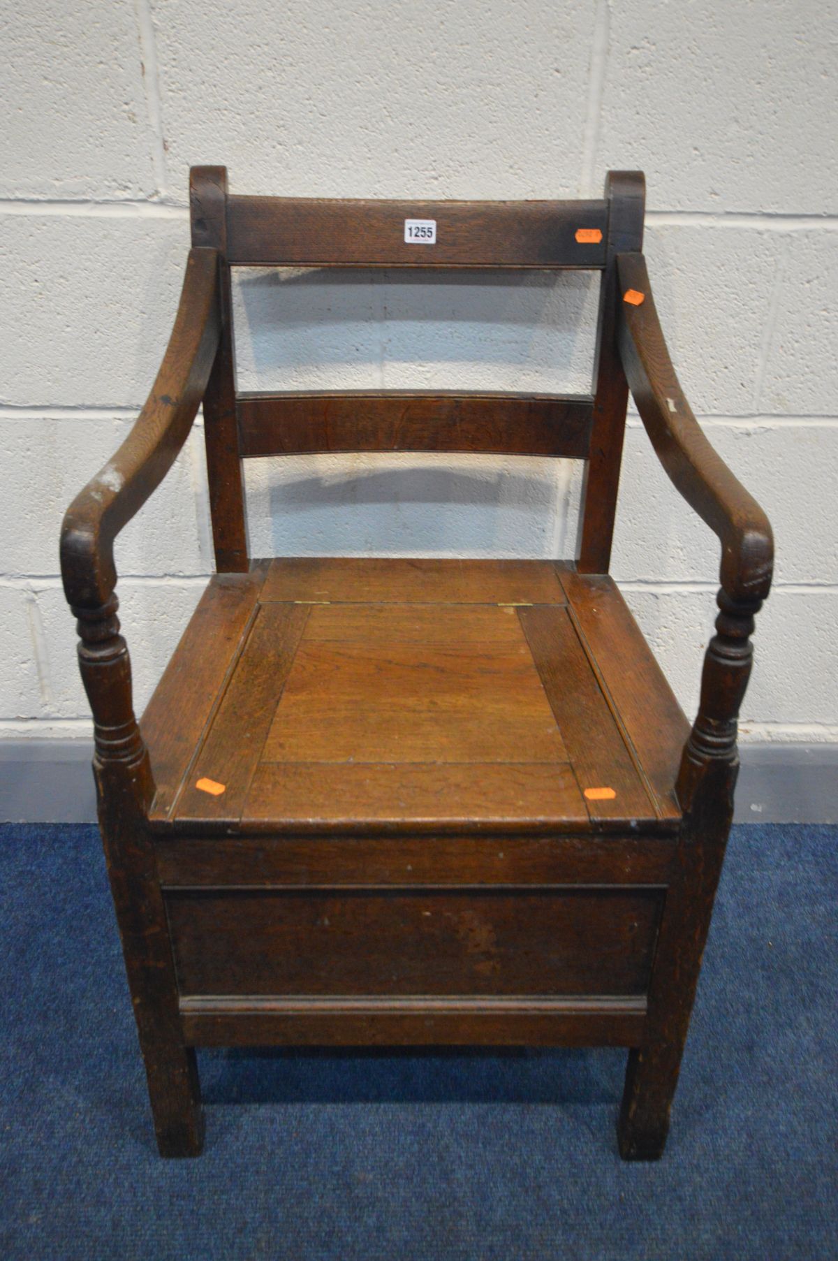 A GEORGIAN OAK COMMODE CHAIR, with open armrests and ceramic bowl - Image 2 of 2