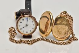 A 9CT GOLD WRISTWATCH, A GOLD-PLATED CHAIN WITH A YELLOW METAL LOCKET, the watch with a round