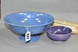 TWO PIECES OF RUSKIN POTTERY, comprising an eggshell bowl decorated in a mottled purple lustre