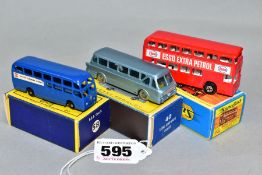 THREE BOXED MATCHBOX 1-75 SERIES BUS AND COACH MODELS, Leyland Royal Tiger Coach, No. 40, silver