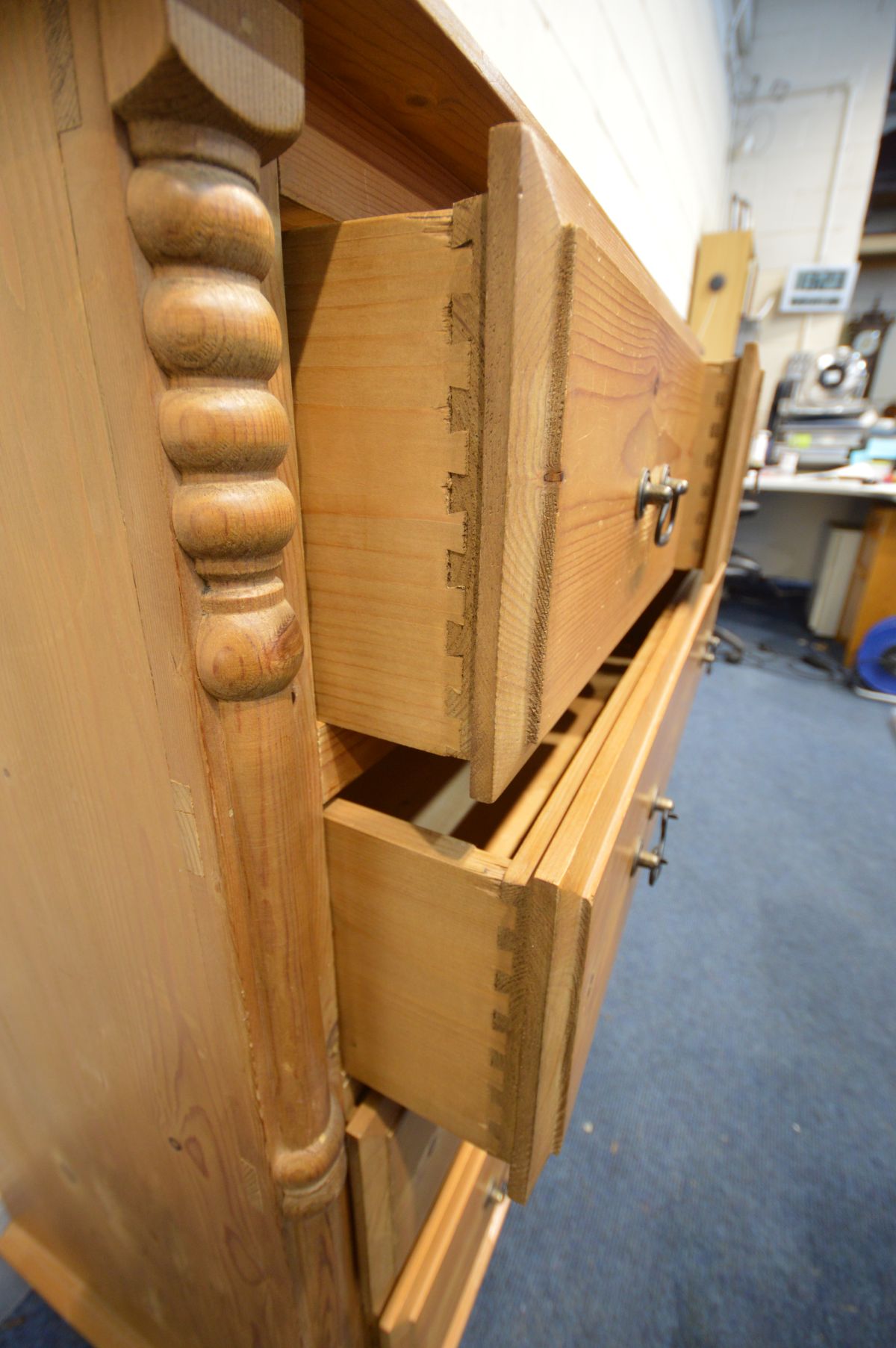 A PINE CHEST OF TWO SHORT OVER THREE LONG DRAWERS, drop handles, on bun feet, width 94cm x depth - Image 2 of 3