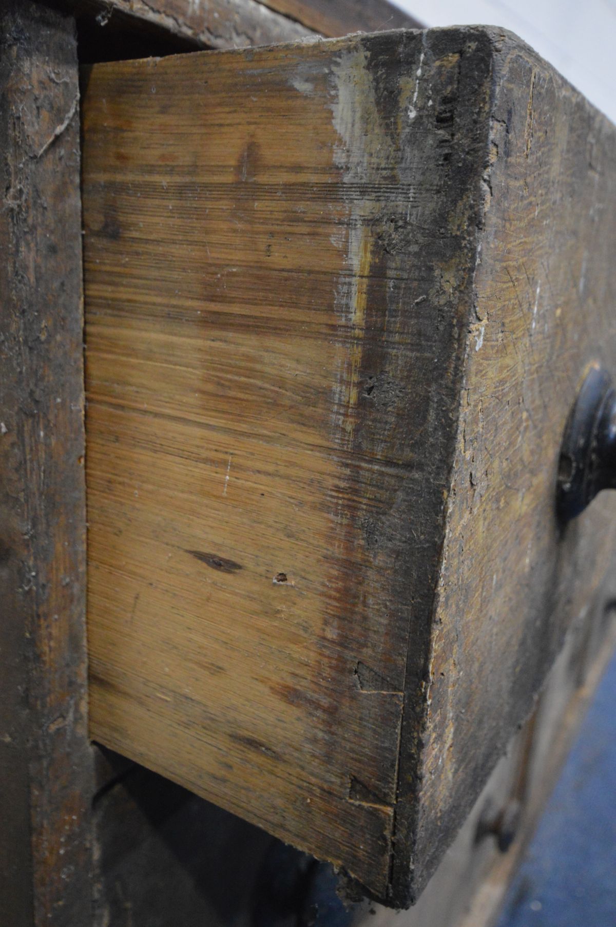 A 19TH CENTURY PINE SHOP COUNTER, made up of six assorted drawers, central panelled cupboard door, - Image 5 of 5