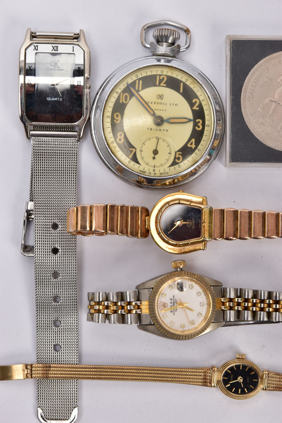 A SELECTION OF WATCHES AND COINS, to include an Ingersoll open face pocket watch, a lady's gold - Image 4 of 4