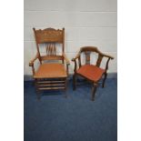 AN EDWARDIAN MAHOGANY AND INLAID CORNER CHAIR along with a beech spindle back chair (2)