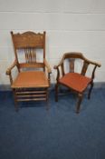 AN EDWARDIAN MAHOGANY AND INLAID CORNER CHAIR along with a beech spindle back chair (2)