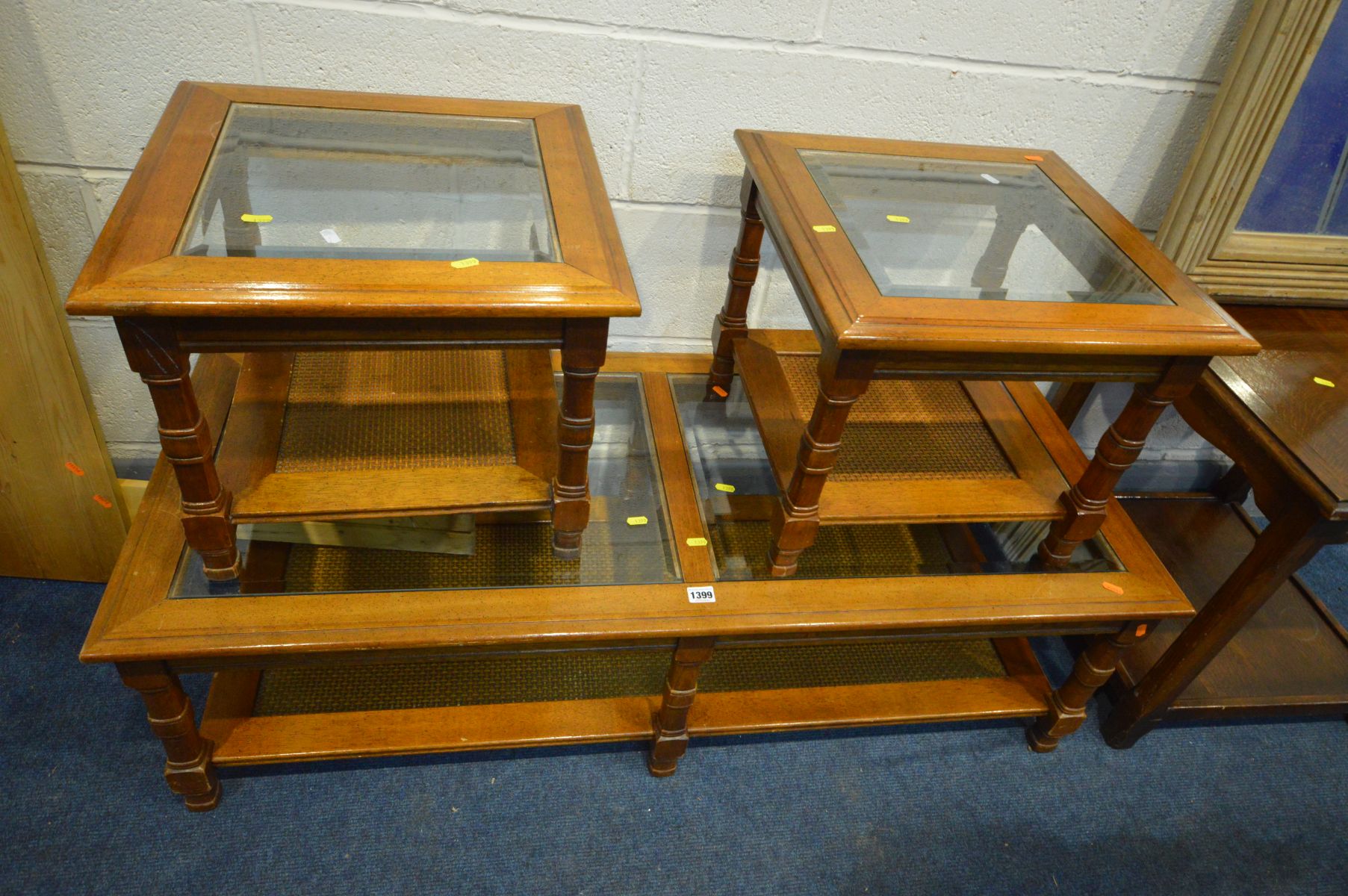 A CHERRYWOOD COFFEE TABLE with two glass inserts, and two matching occasional tables, along with - Image 2 of 4