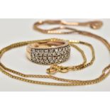 A 9CT GOLD RING AND CHAIN NECKLACE, the band ring pave set with circular cubic zirconia to the front