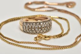 A 9CT GOLD RING AND CHAIN NECKLACE, the band ring pave set with circular cubic zirconia to the front