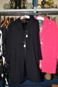 A LADIES MAX MARA BLACK VIRGIN WOOL MIX COAT WITH TIE BELT, GB size 14, together with a ladies