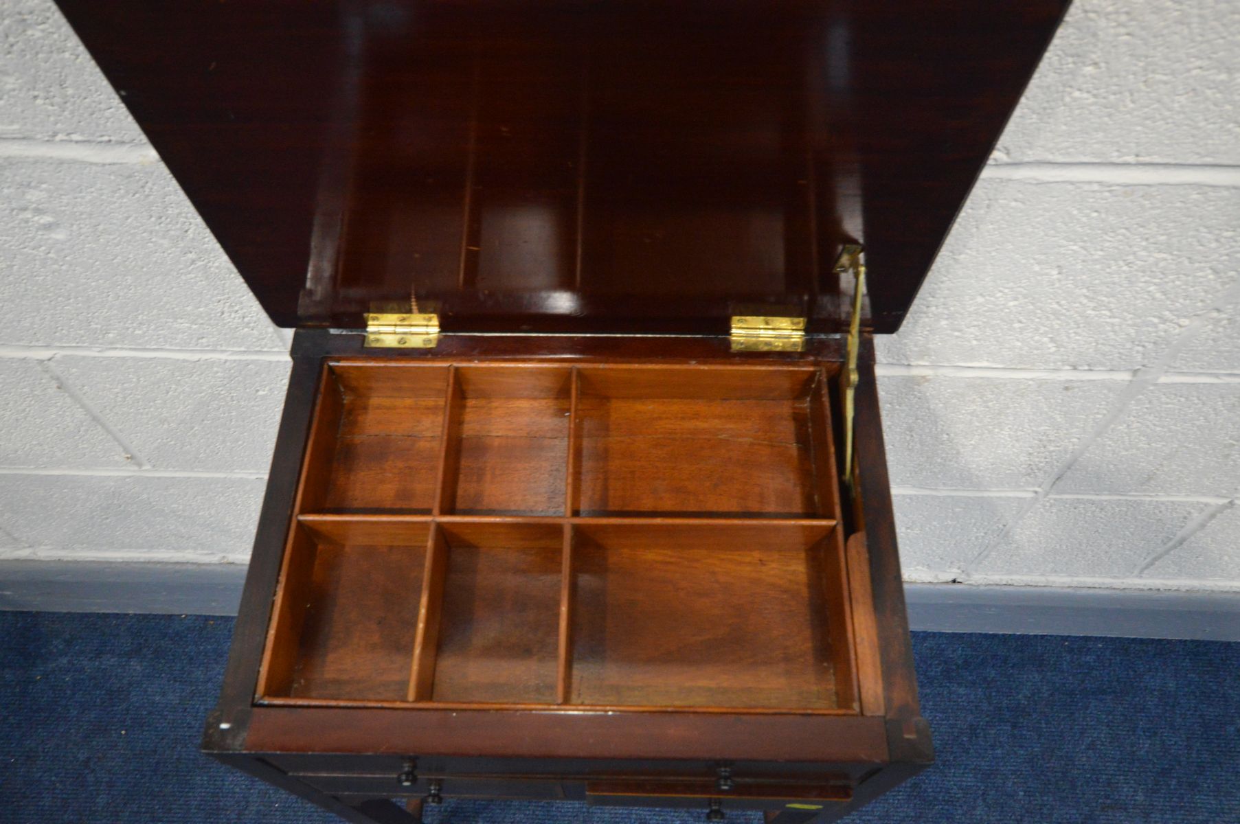 AN EDWARDIAN MAHOGANY WORK TABLE, the hinged top enclosing dividers, above two small exterior - Image 2 of 2