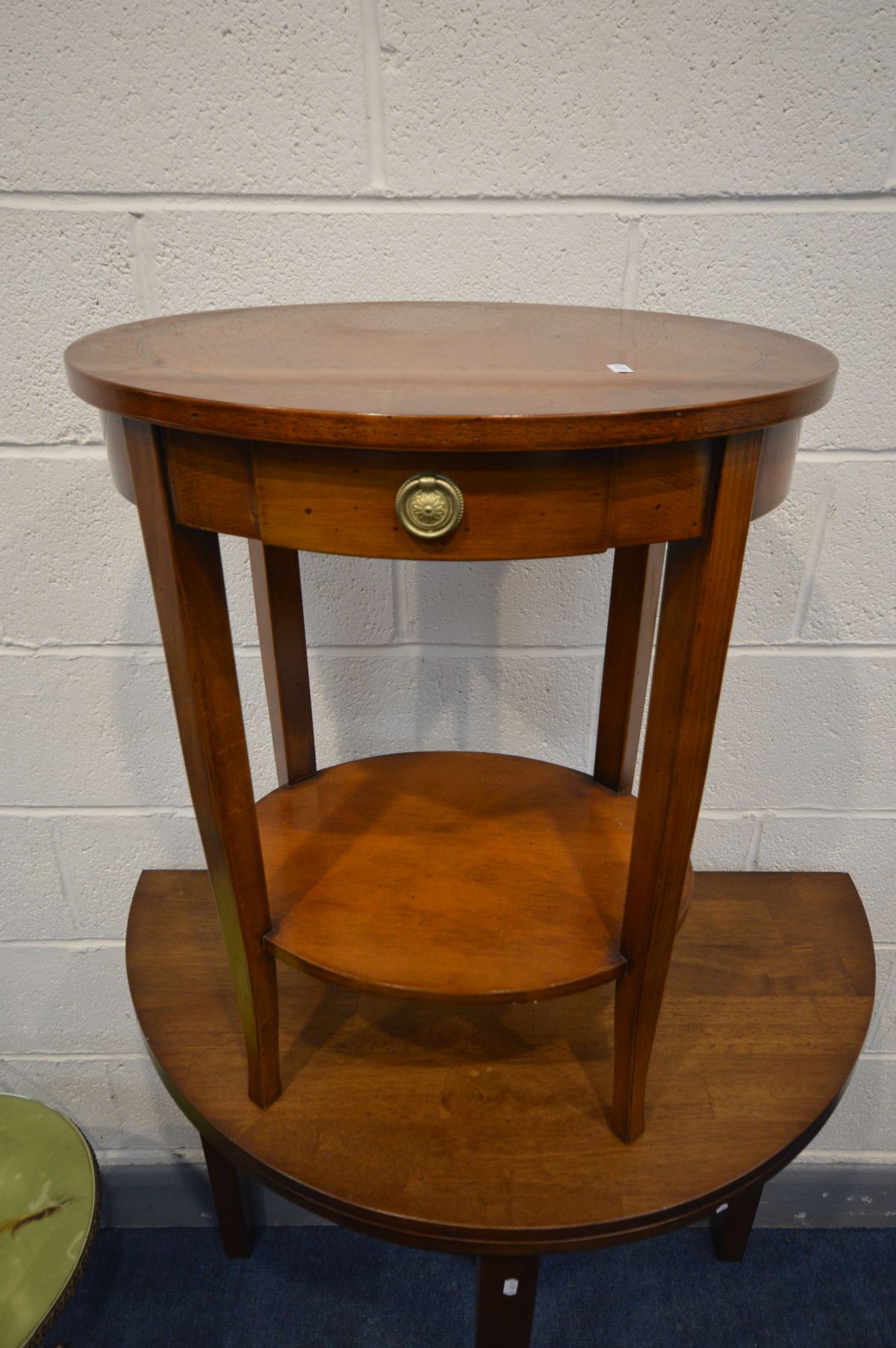 A HARDWOOD DEMI LUNE TABLE, fold over top, a cherrywood oval lamp table, an oval glass coffee - Image 3 of 4