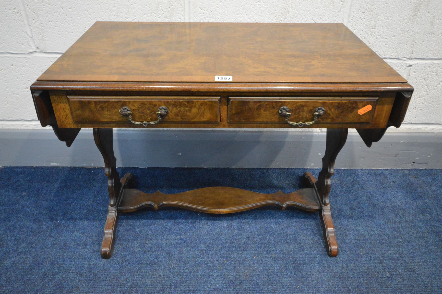 A REPRODUX WALNUT AND CROSSBANDED SOFA TABLE, with two drawers, open length 102cm x closed length