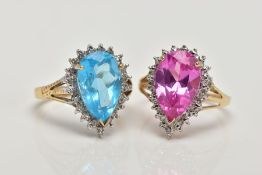 TWO 9CT GOLD GEM RINGS, the first designed as a central pear shape blue topaz within a single cut