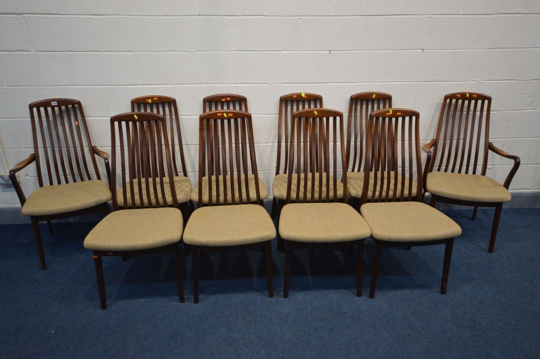 SCHOU ANDERSEN MOBELFABRIK, possibly for Kai Kristiansen, a set of ten Danish teak dining chairs,