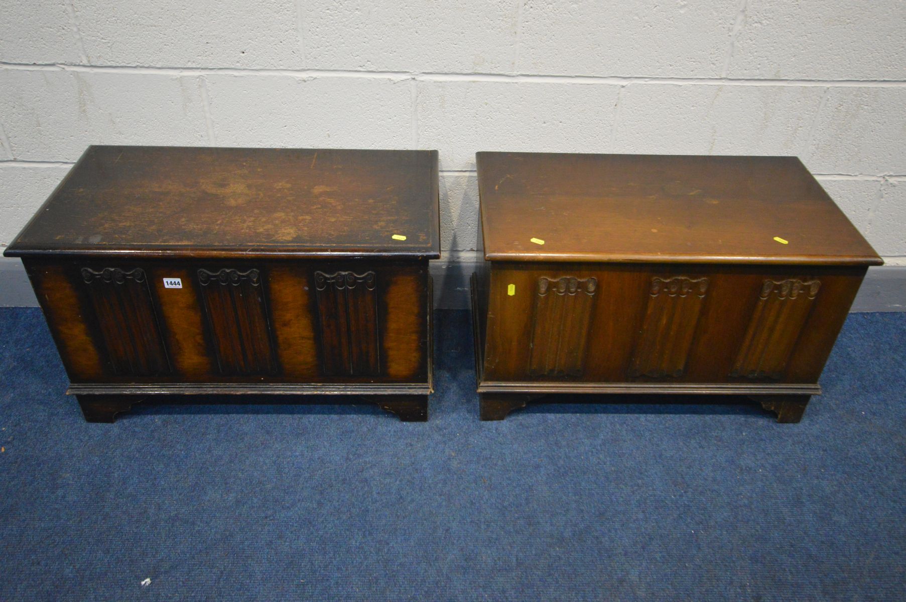 TWO MATCHING OAK LINENFOLD BLANKET CHESTS, width 74cm x depth 42cm x height 45cm (condition -