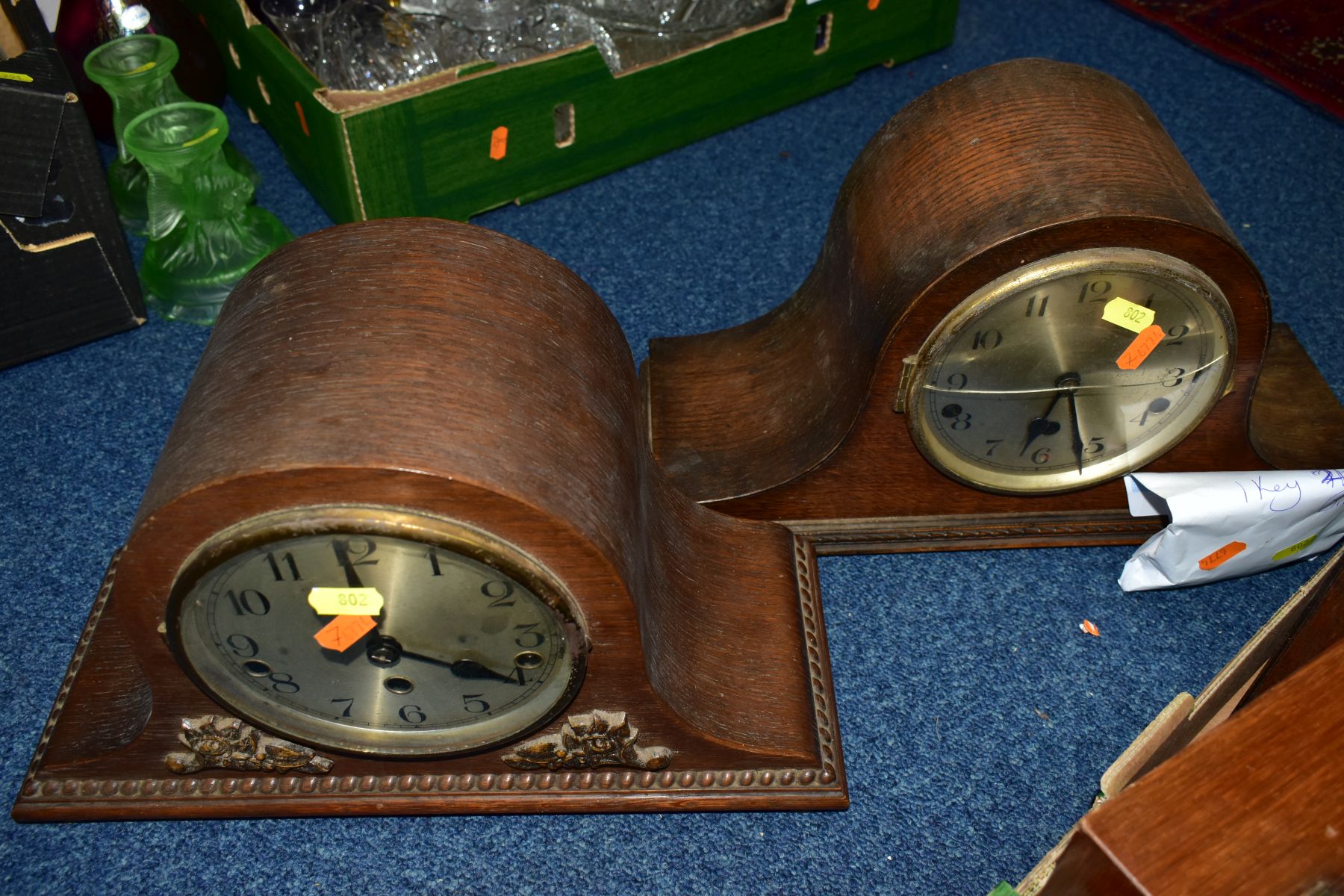 TWO BOXES OF CLOCKS, TREEN, METALWARES AND OTHER ITEMS, to include two 20th Century wooden cased - Image 2 of 5