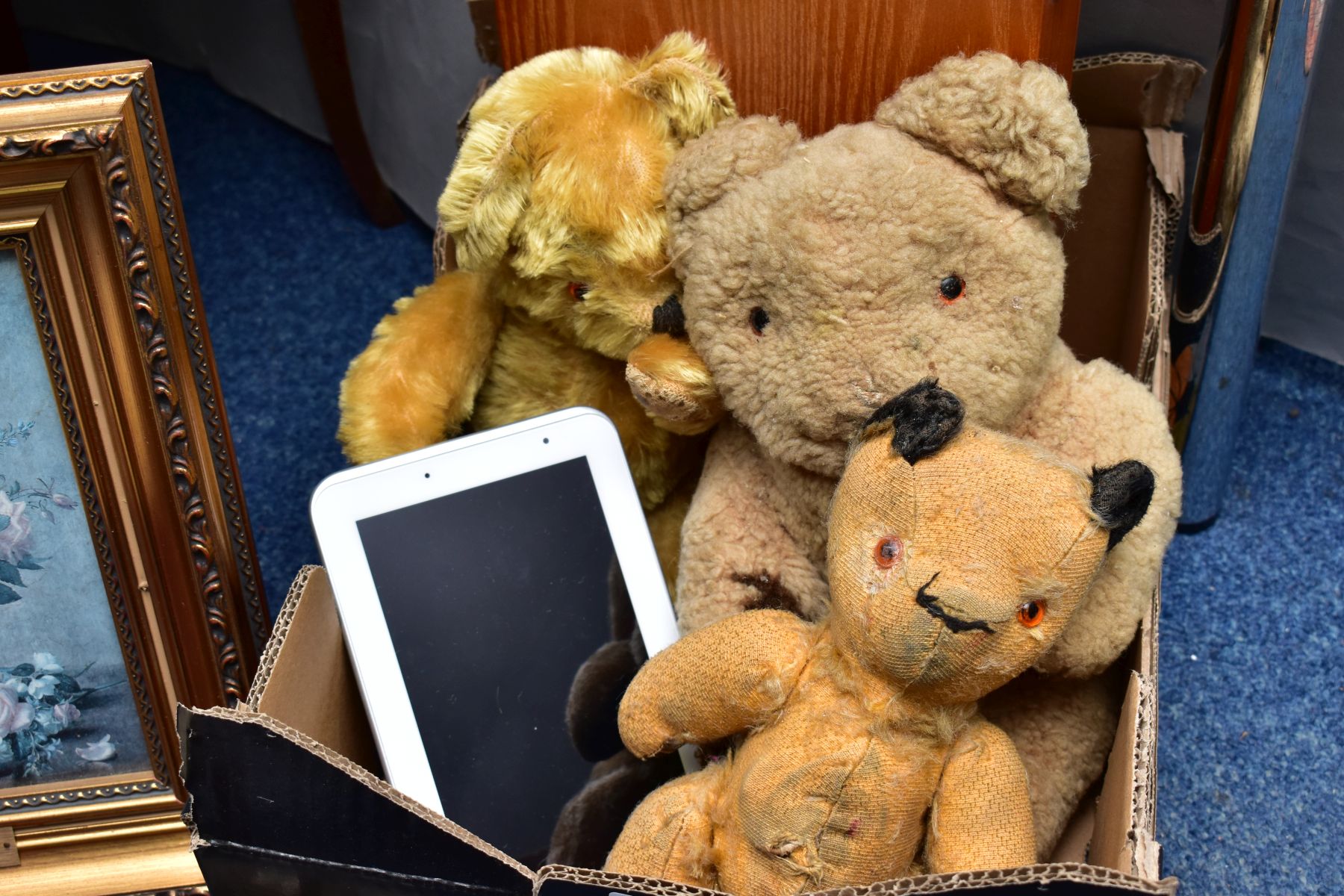 TWO BOXES OF TEDDY BEARS, PRINTS, CUTLERY AND A SMALL ITALIAN MUSICAL TABLE, the bears all in much - Image 2 of 4