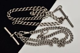 TWO SILVER ALBERT CHAINS, the first a curb link chain fitted with two lobster hook clasps, also