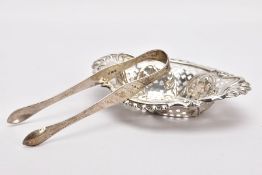 A SILVER BONBON DISH AND A PAIR OF SUGAR TONGS, the bonbon dish of an oval form, pierced bowl with