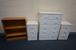 A TALL WHITE CHEST OF FIVE DRAWERS, and a pair of matching three drawer bedside cabinets, beech open
