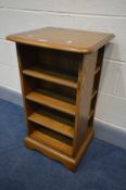 A SMALL ERCOL GOLDEN DAWN OPEN BOOKCASE, width 44cm x depth 38cm x height 77cm