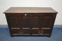 A GEORGIAN OAK MULE CHEST, with fielded panels above two drawers, width 133cm x depth 51cm x