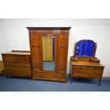 A MATCHED EDWARDIAN MAHOGANY AND BOX INLAID THREE PIECE BEDROOM SUITE, comprising a single door