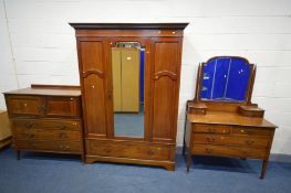 A MATCHED EDWARDIAN MAHOGANY AND BOX INLAID THREE PIECE BEDROOM SUITE, comprising a single door