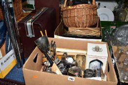 TWO BOXES AND LOOSE METALWARES, BOOKS, LUGGAGE ETC, to include a miniature cricket bat with