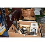 TWO BOXES AND LOOSE METALWARES, BOOKS, LUGGAGE ETC, to include a miniature cricket bat with